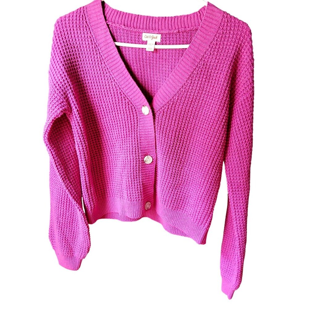 Cat & Jack V-neckline design Womens L/12-14 Pink Button-Up Knit Cardigan Sweater